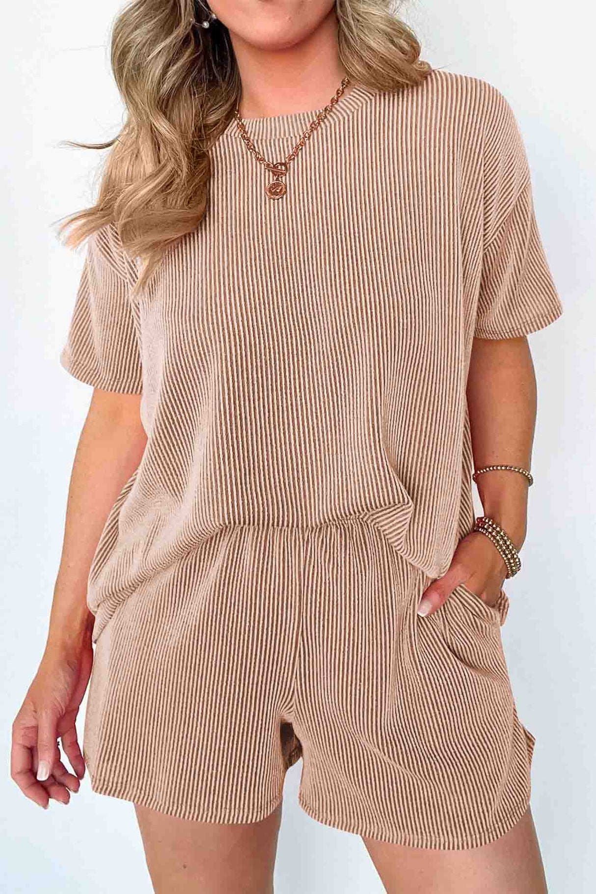 Wavy Stripe Short Sleeve Shorts Two-Piece Set