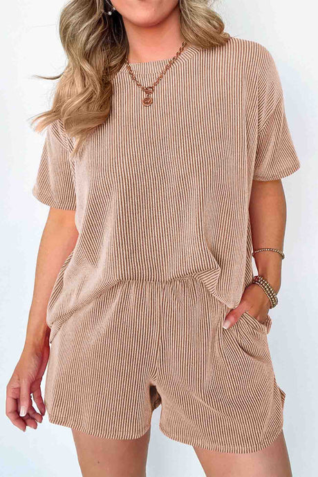 Wavy Stripe Short Sleeve Shorts Two-Piece Set