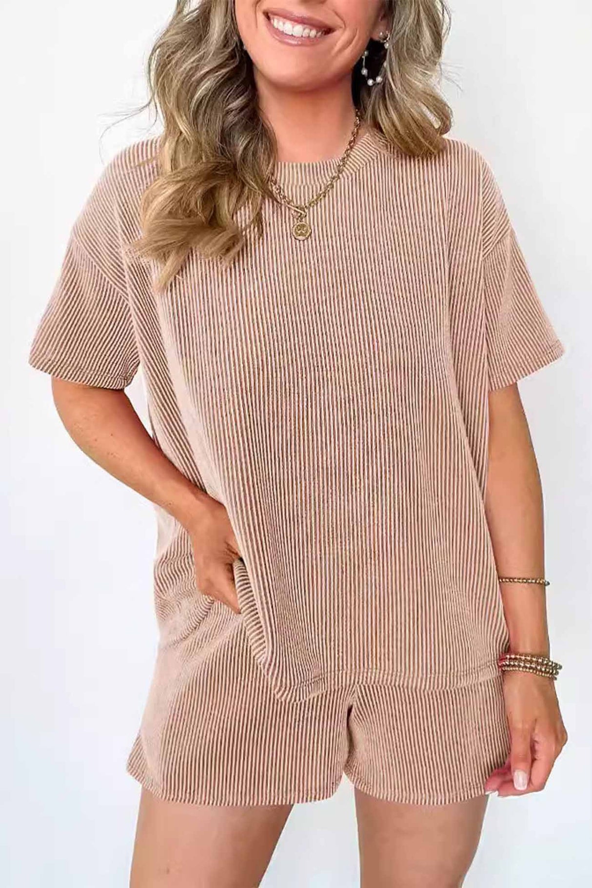 Wavy Stripe Short Sleeve Shorts Two-Piece Set