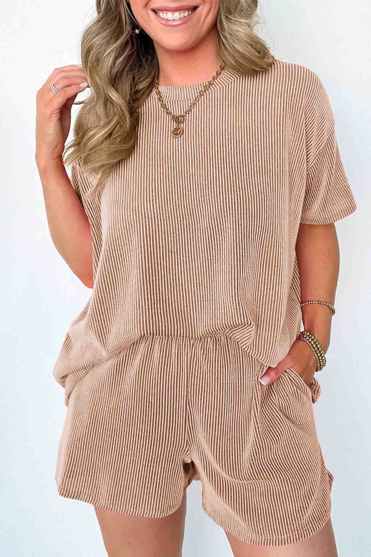 Wavy Stripe Short Sleeve Shorts Two-Piece Set