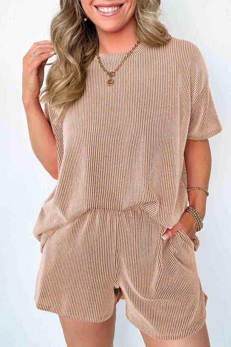 Wavy Stripe Short Sleeve Shorts Two-Piece Set