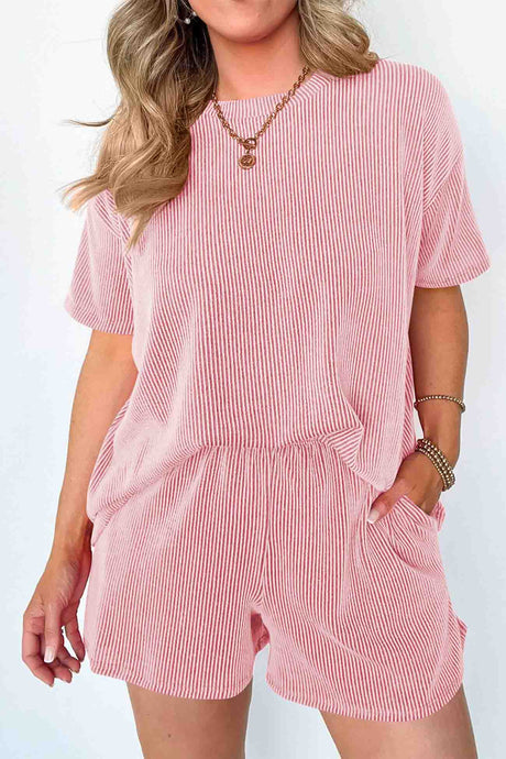 Wavy Stripe Short Sleeve Shorts Two-Piece Set
