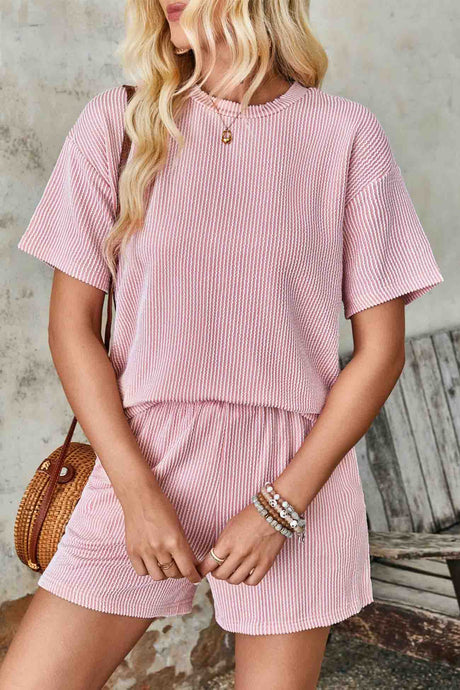 Wavy Stripe Short Sleeve Shorts Two-Piece Set