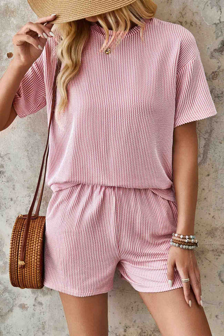 Wavy Stripe Short Sleeve Shorts Two-Piece Set