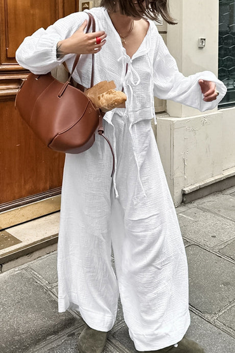 Arolora White Cotton Tie-up Shirt Long Pants Set