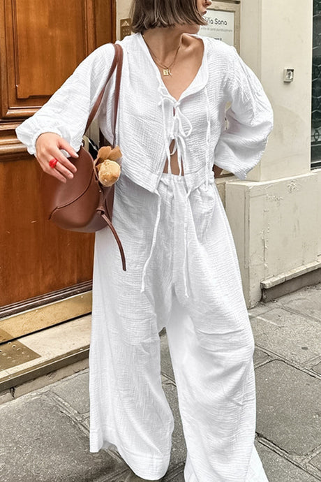 Arolora White Cotton Tie-up Shirt Long Pants Set