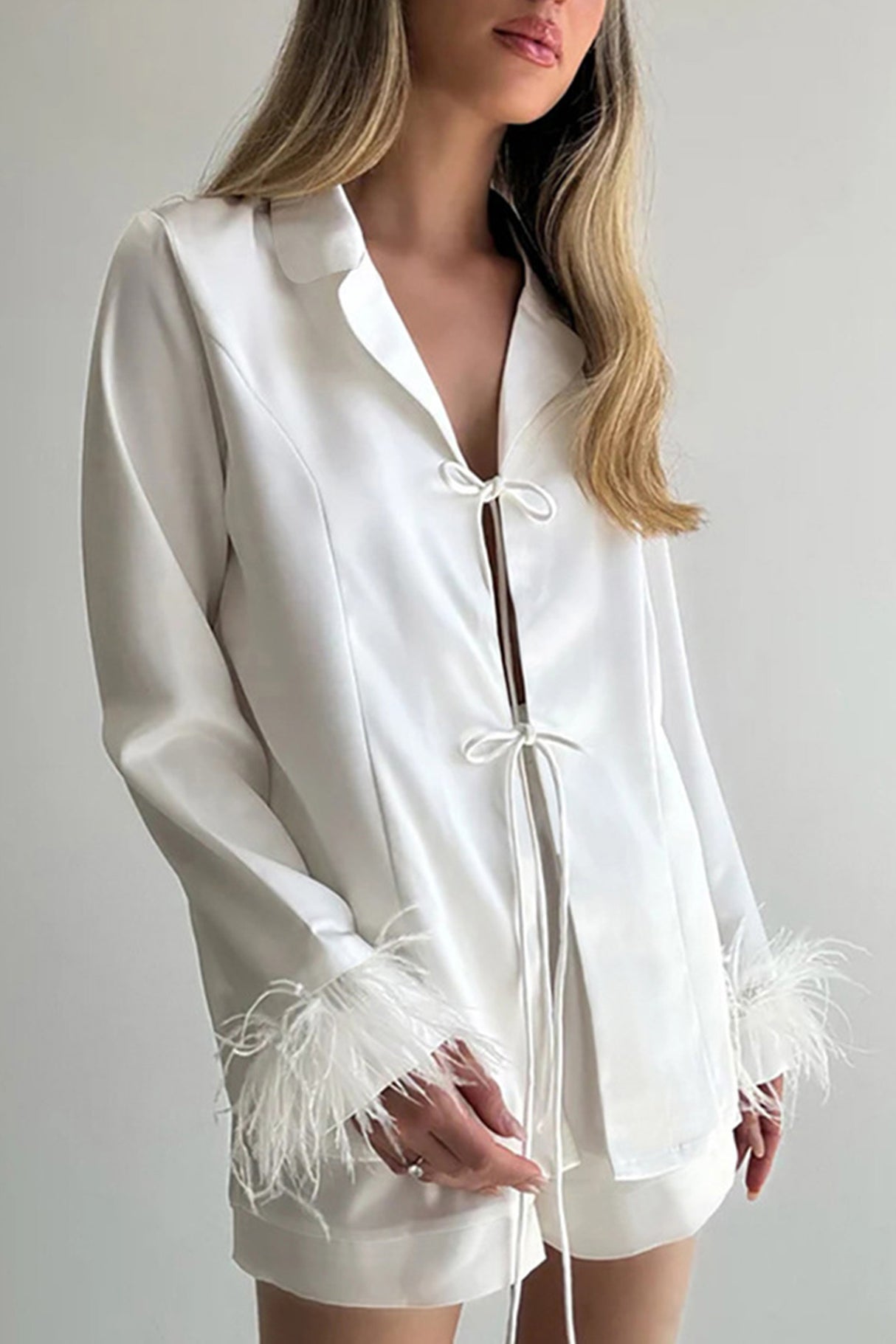 Arolora White Fuzzy Tie-up Shirt Shorts Set