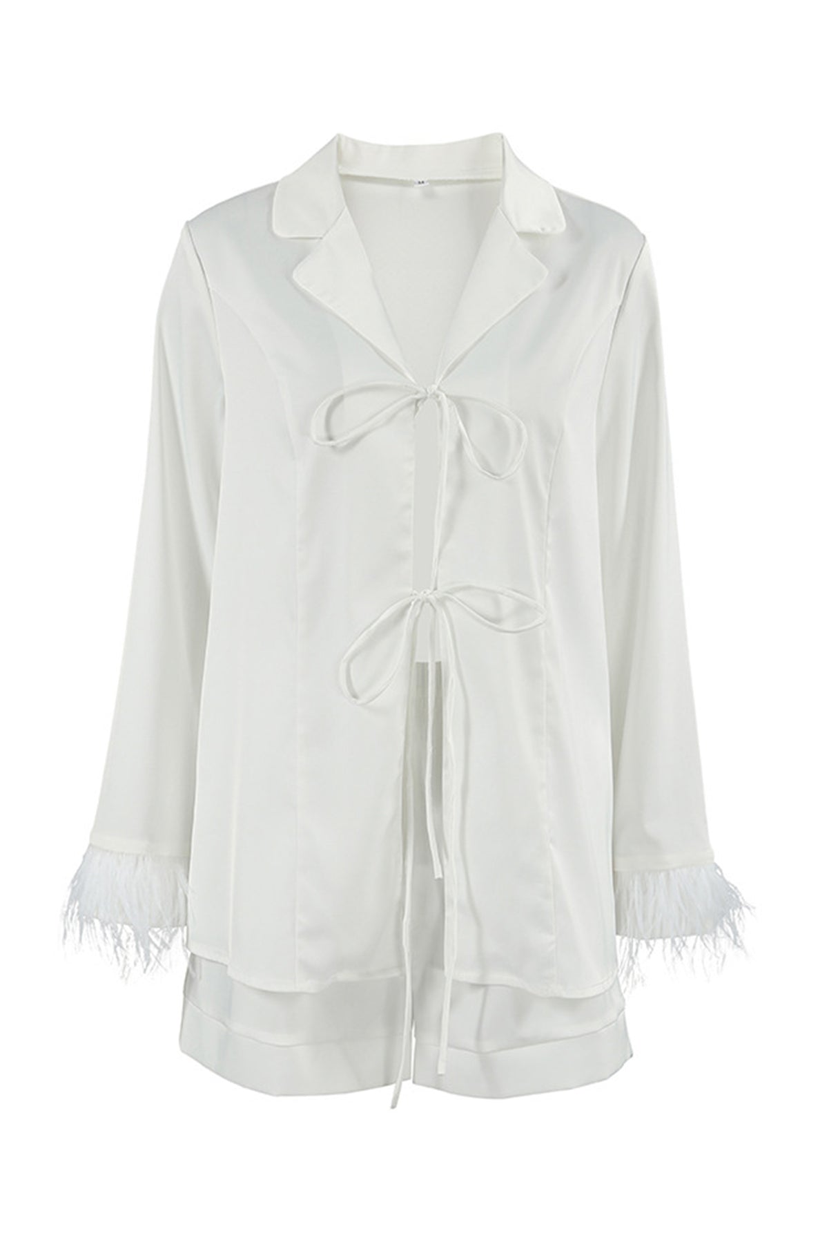 Arolora White Fuzzy Tie-up Shirt Shorts Set