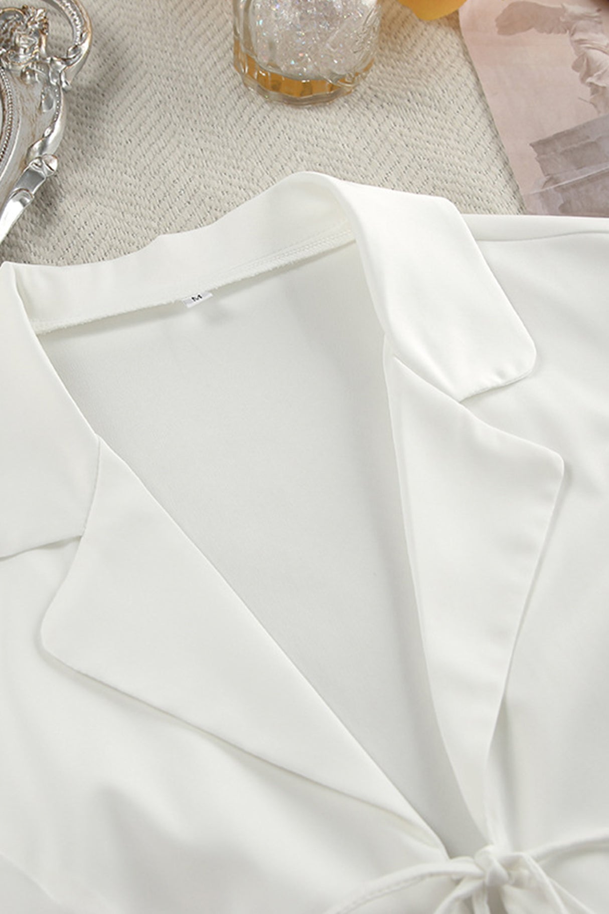 Arolora White Fuzzy Tie-up Shirt Shorts Set