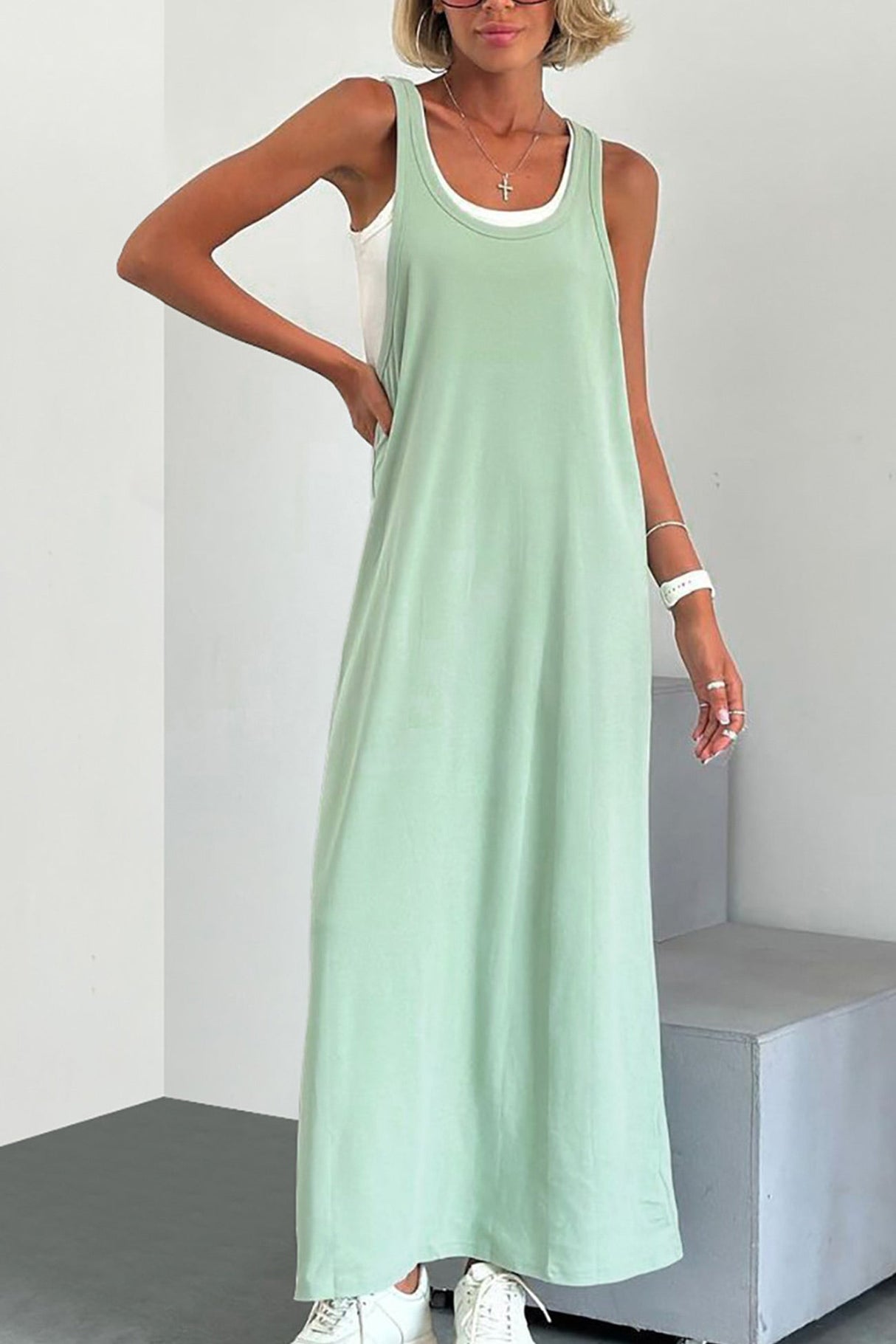 Arolora white-knit-tank-solid-sundress-two-piece-outfits