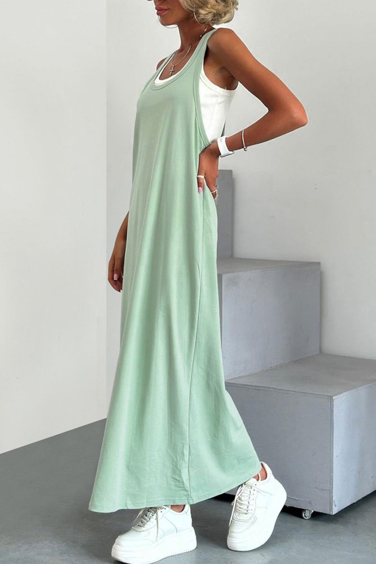 Arolora white-knit-tank-solid-sundress-two-piece-outfits