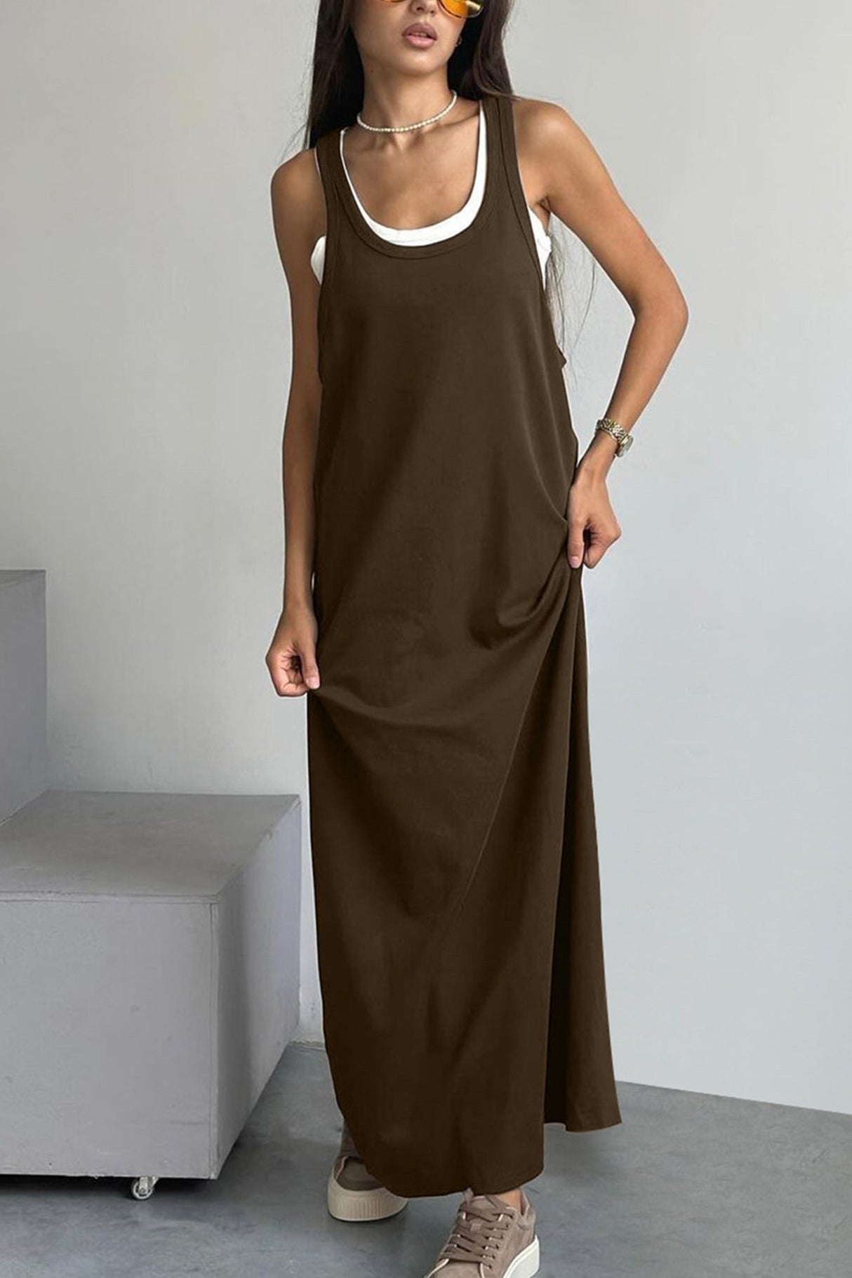 Arolora white-knit-tank-solid-sundress-two-piece-outfits