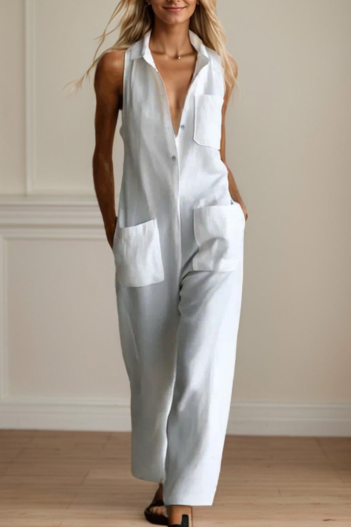 Arolora White Single-breasted Sleeveless Cargo Jumpsuits