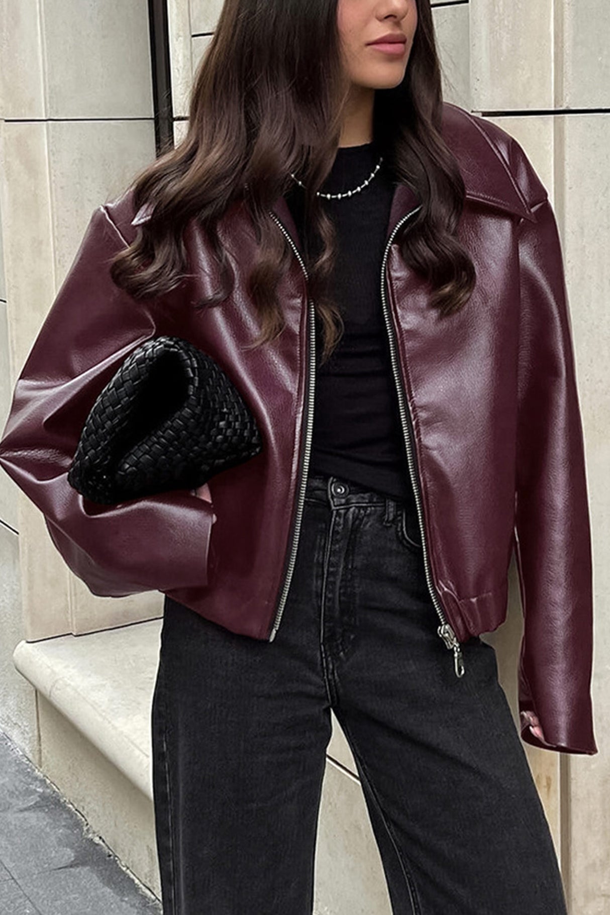 Wine Red Zip-up PU Jacket