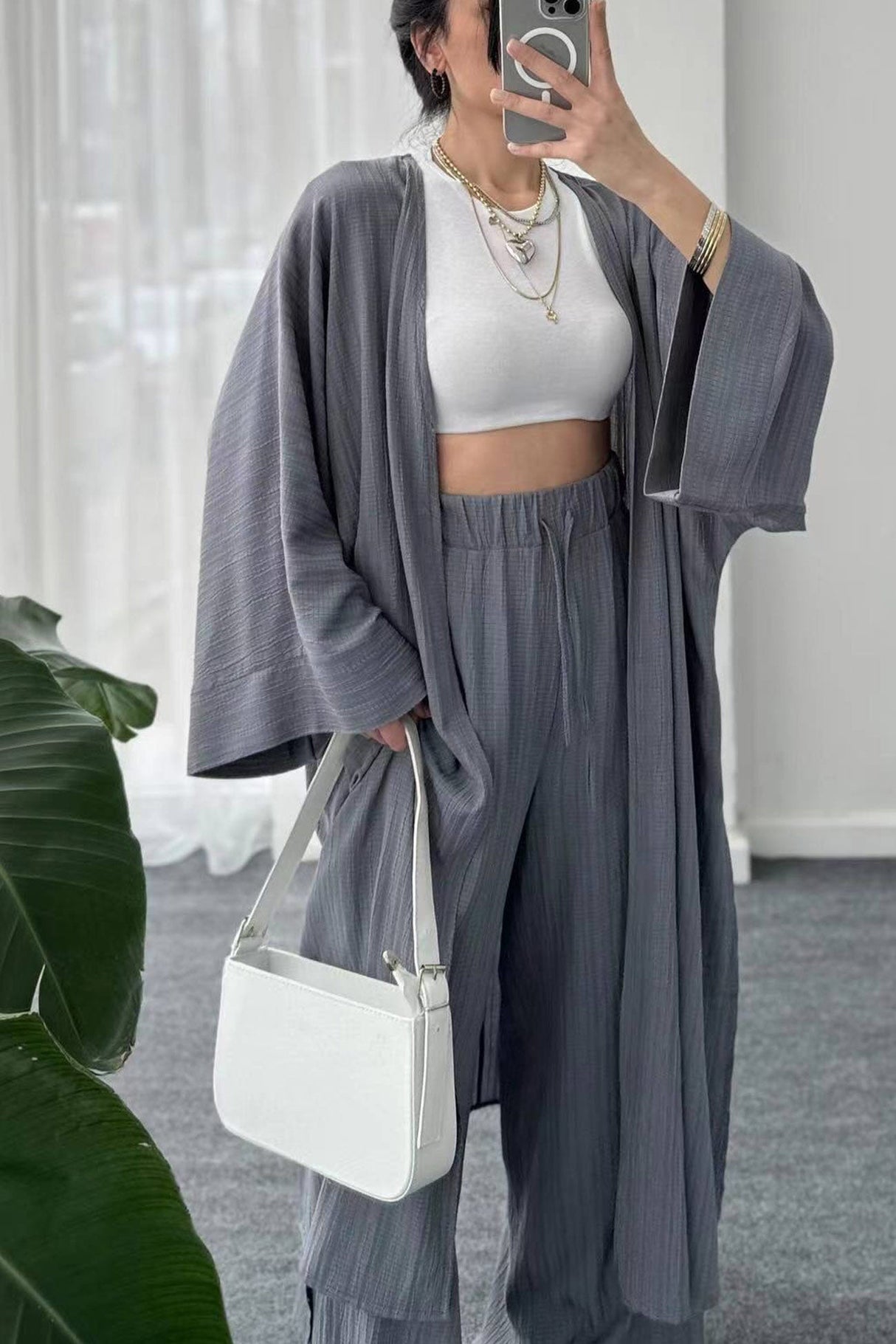 Arolora wrinkled-texture-open-front-cardigan-suits