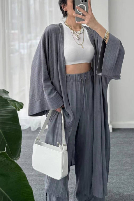 Arolora wrinkled-texture-open-front-cardigan-suits