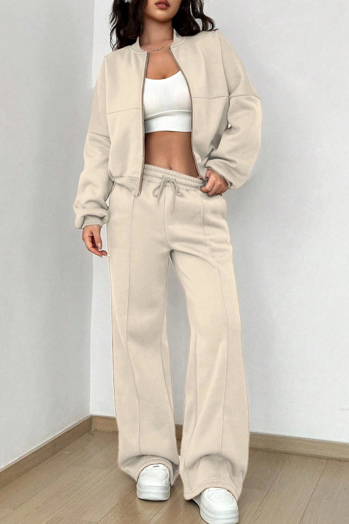 Zip-up Collarless Cardigan Pants Set