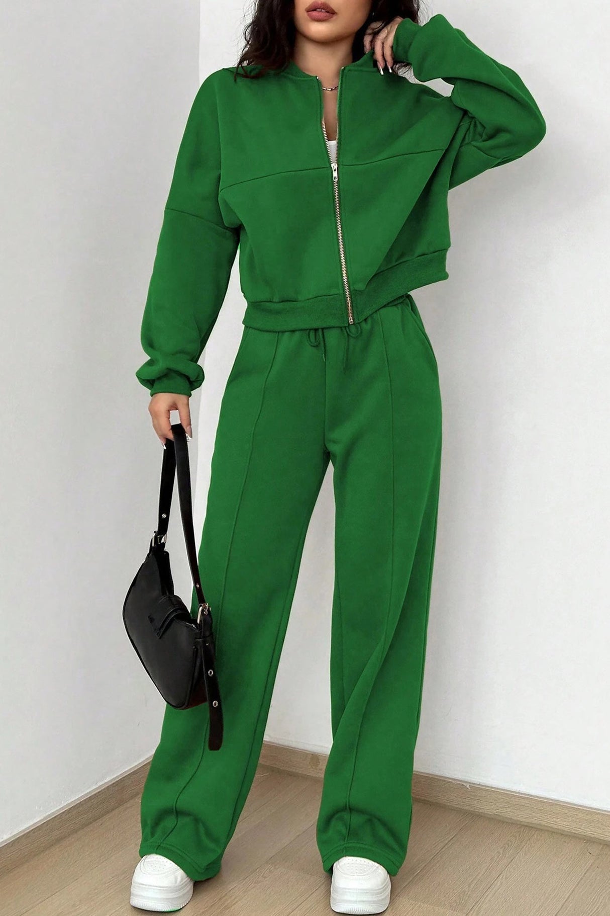 Zip-up Collarless Cardigan Pants Set