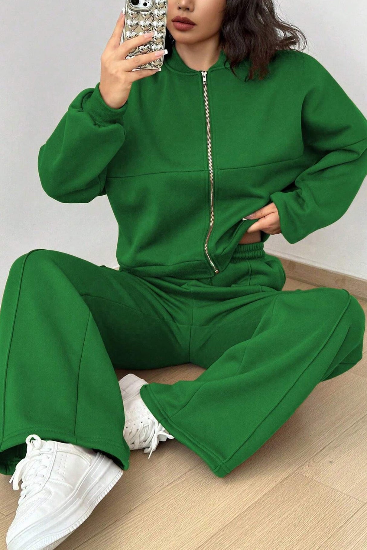 Zip-up Collarless Cardigan Pants Set