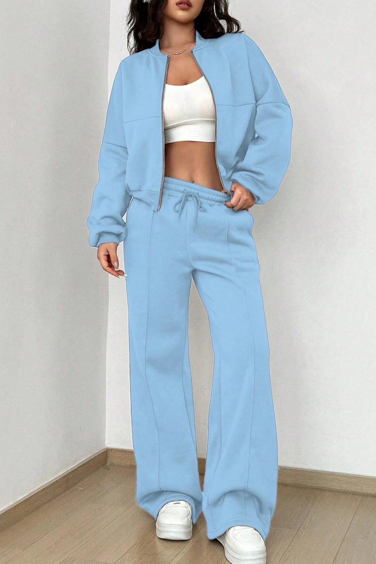 Zip-up Collarless Cardigan Pants Set