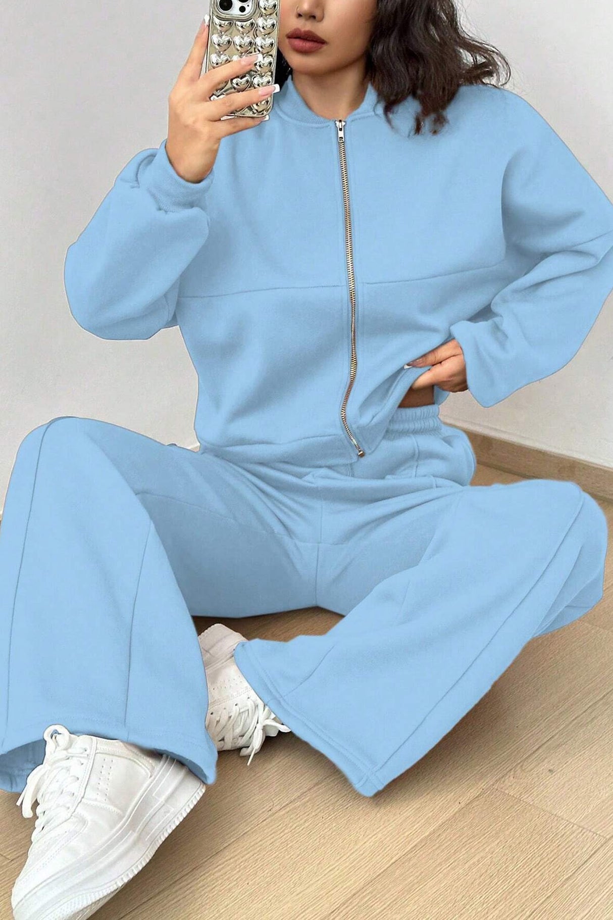 Zip-up Collarless Cardigan Pants Set