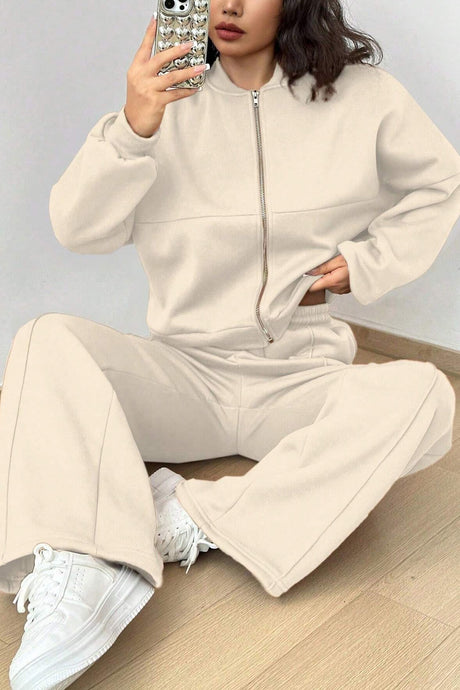 Zip-up Collarless Cardigan Pants Set