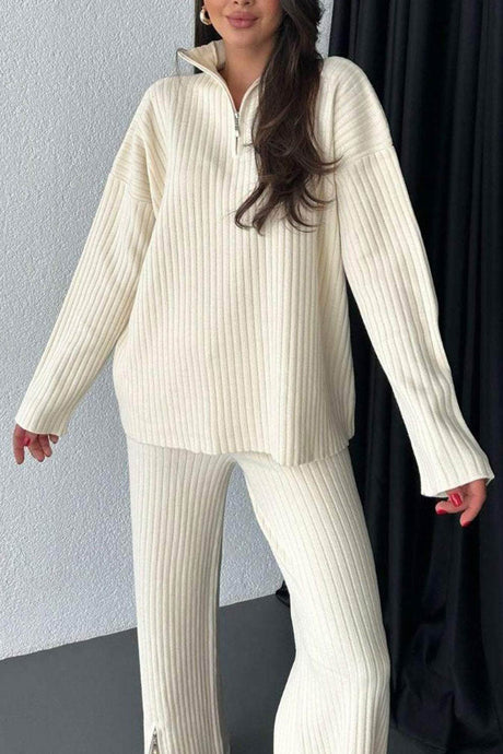 Zip-up Slit Ribbed Knit Two-piece outfit