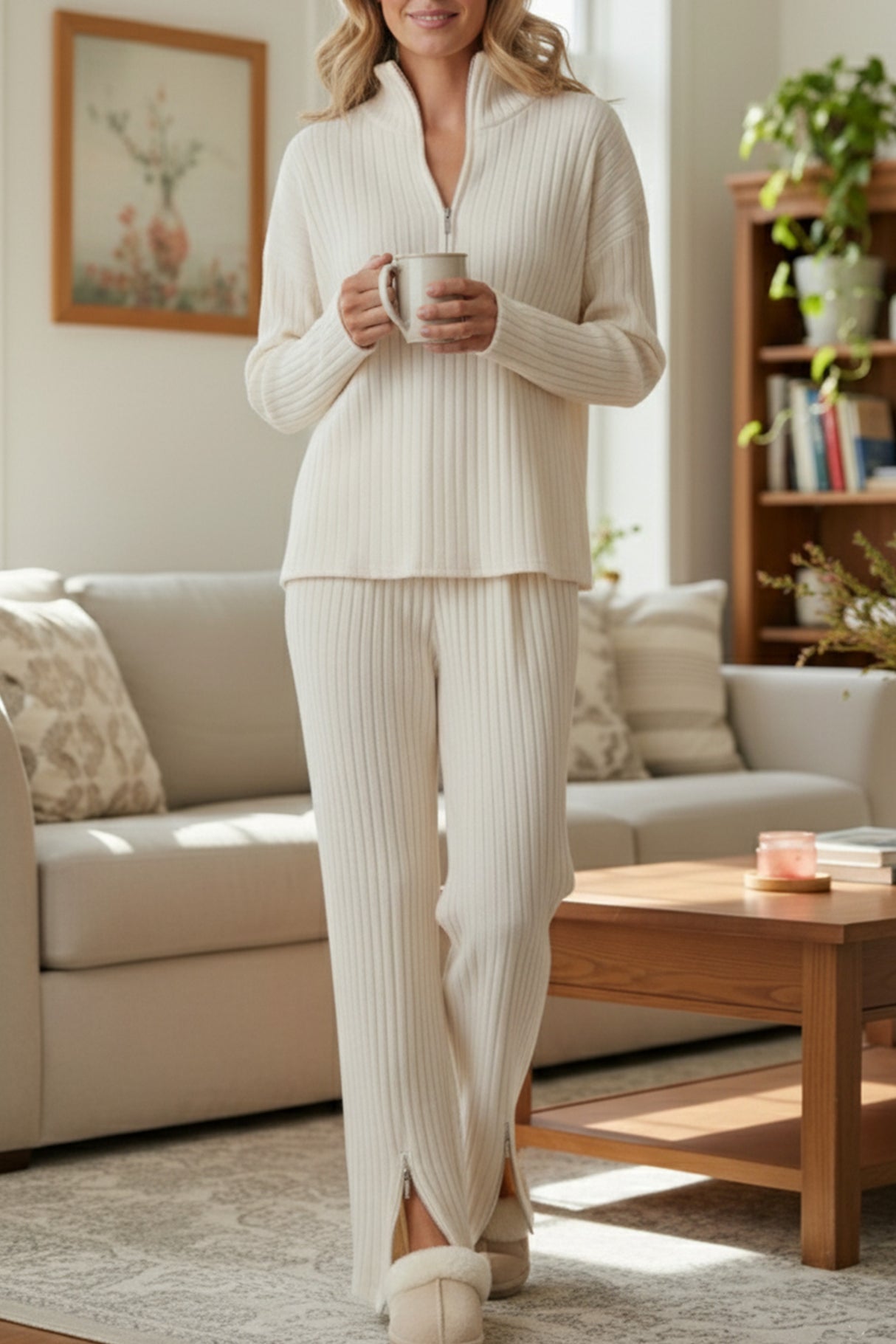 Zip-up Slit Ribbed Knit Two-piece outfit