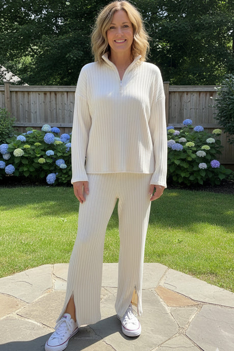 Zip-up Slit Ribbed Knit Two-piece outfit