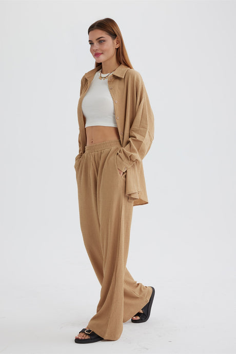 Two Piece Solid Color Long Sleeve Shirt Long Pants Set