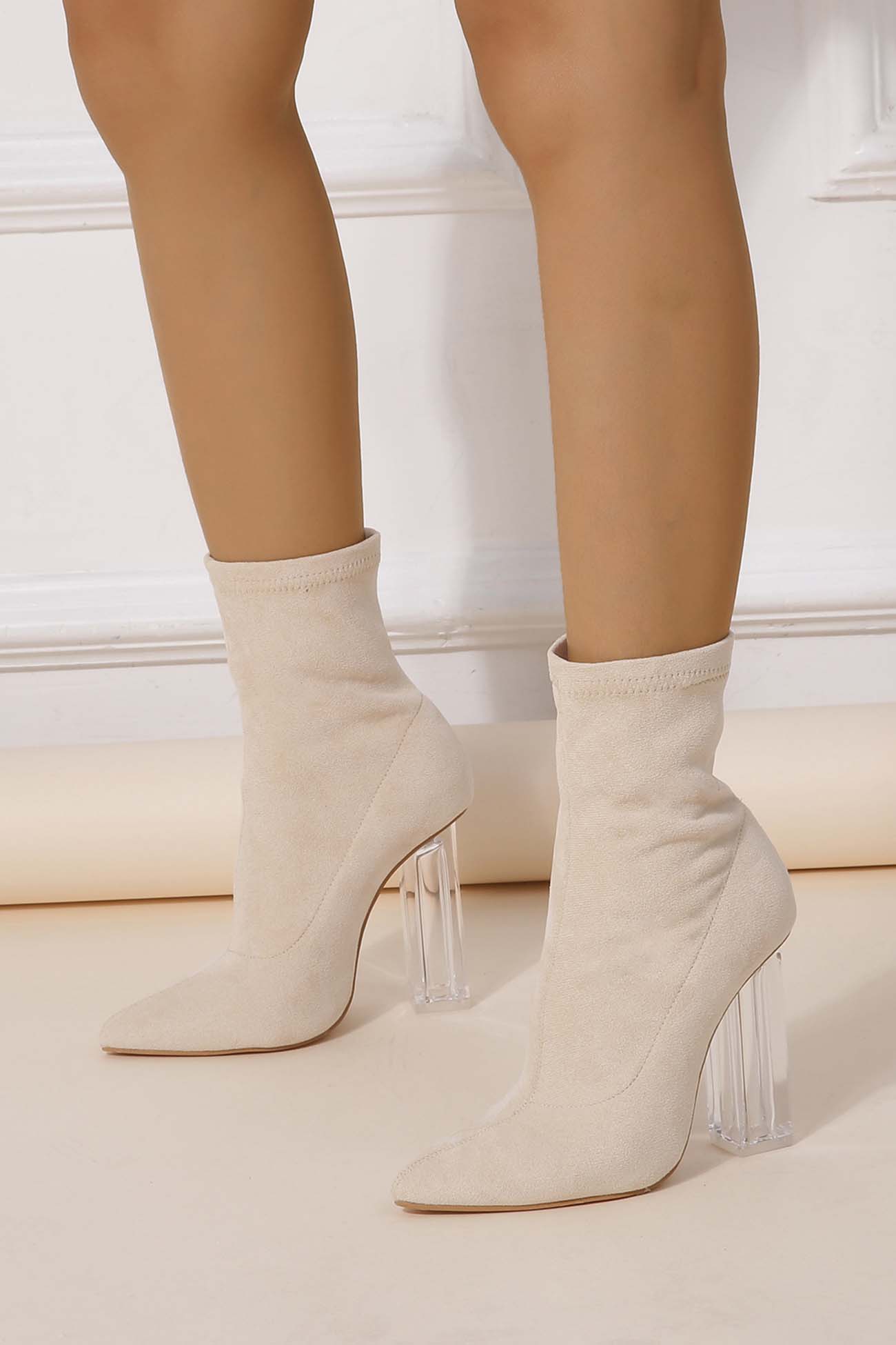 Crystal Heel Stretch Mid Calf Skinny Boots