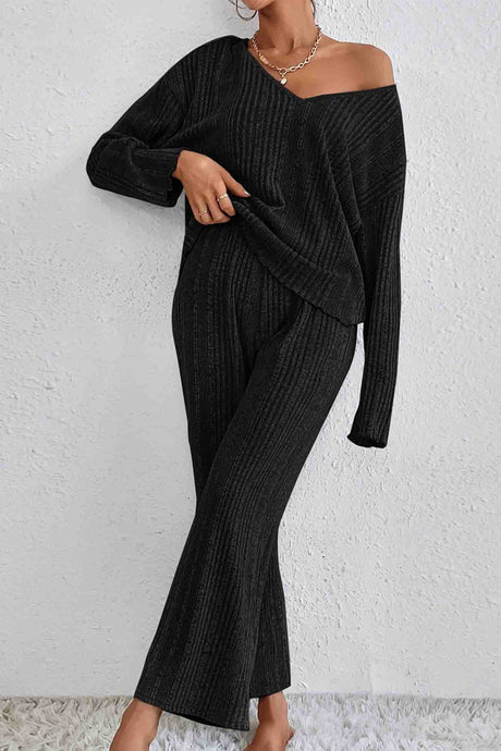 V Neck Ribbed Long Sleeve Two-Piece Set