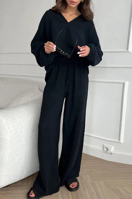 Lapel Drawstring Wide Leg Pants Two-piece Set
