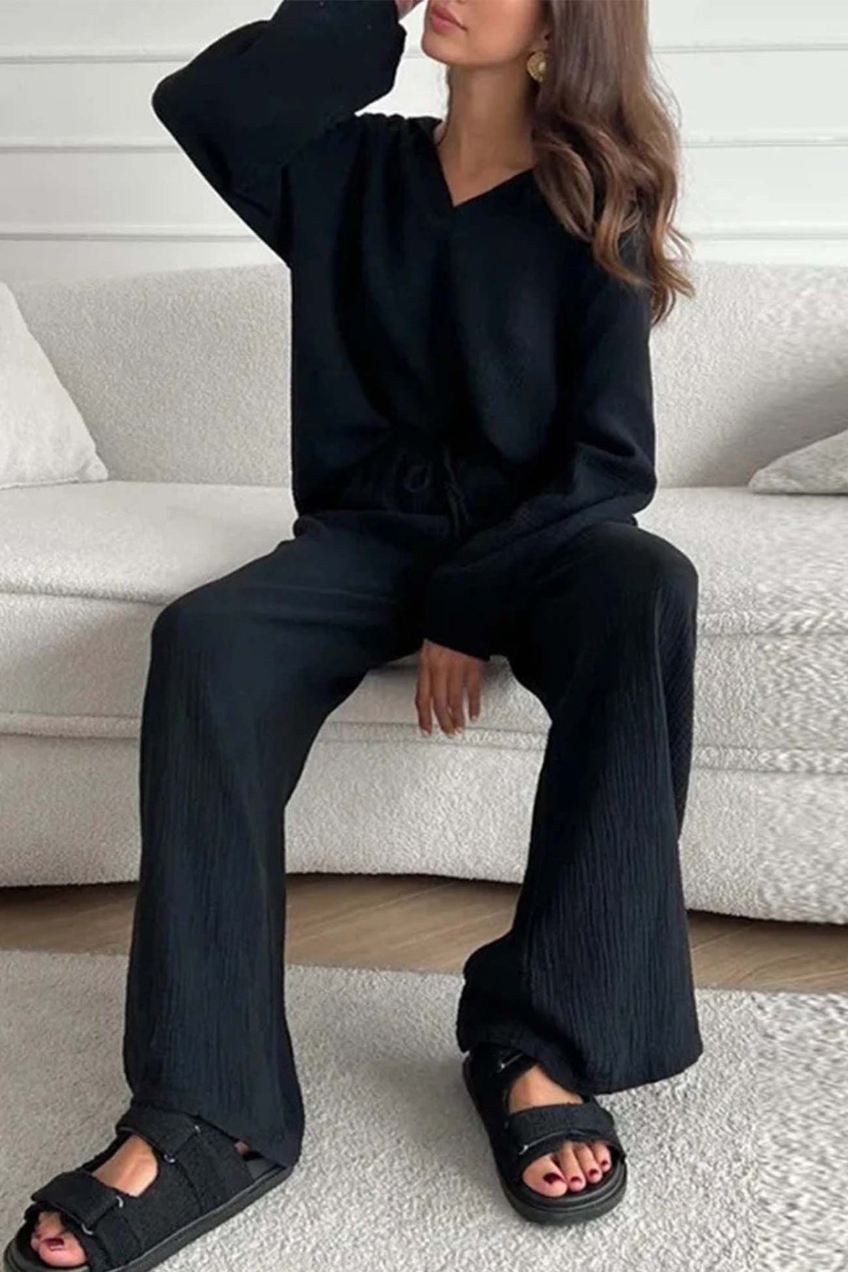 Lapel Drawstring Wide Leg Pants Two-piece Set