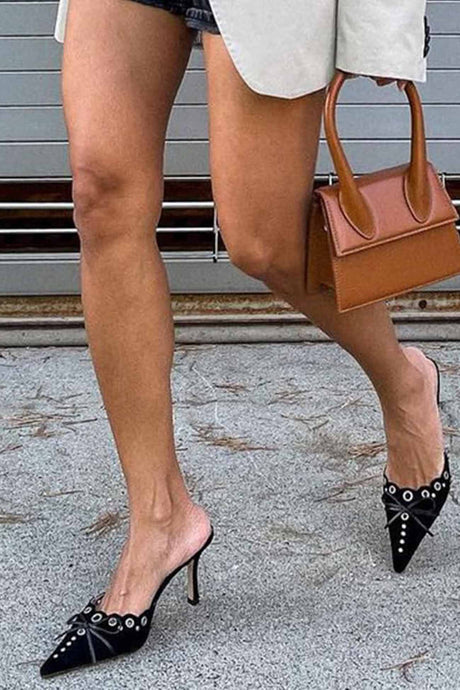 Suede Point Toe Bow Hollow Mule Pumps