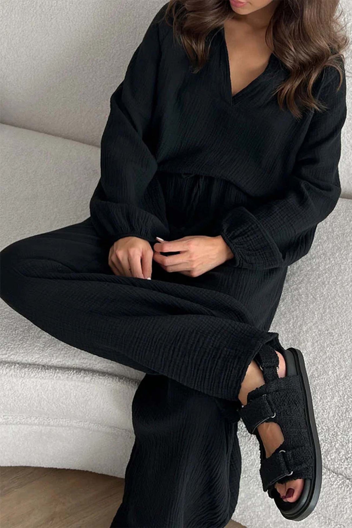 Lapel Drawstring Wide Leg Pants Two-piece Set