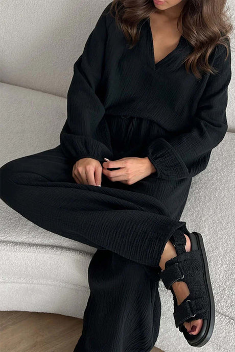 Lapel Drawstring Wide Leg Pants Two-piece Set