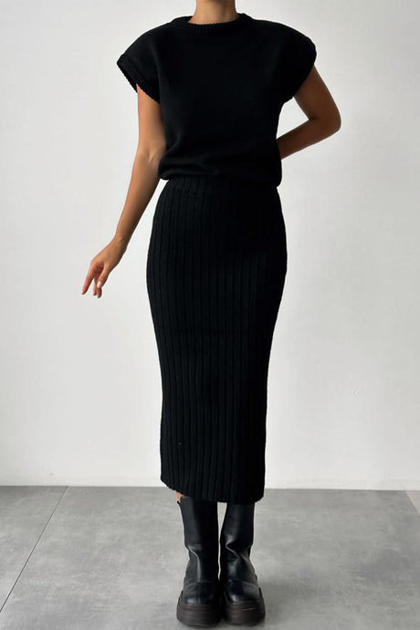Mock Neck Sleeveless Knitted Two-Piece Dress Set