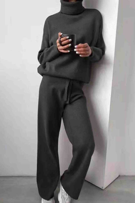 Solid Turtleneck Long Sleeve Long Pant Knitted Set