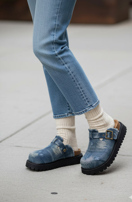 Distressed Denim Closed-toe Slip-on Flat