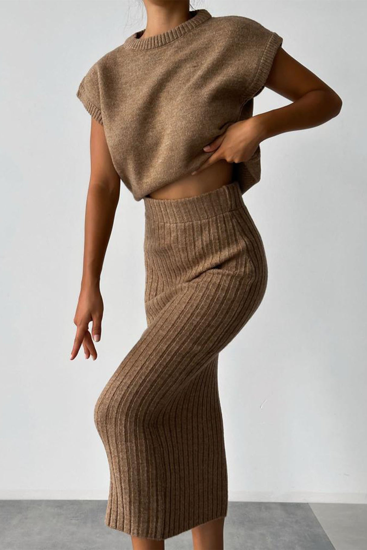 Mock Neck Sleeveless Knitted Two-Piece Dress Set