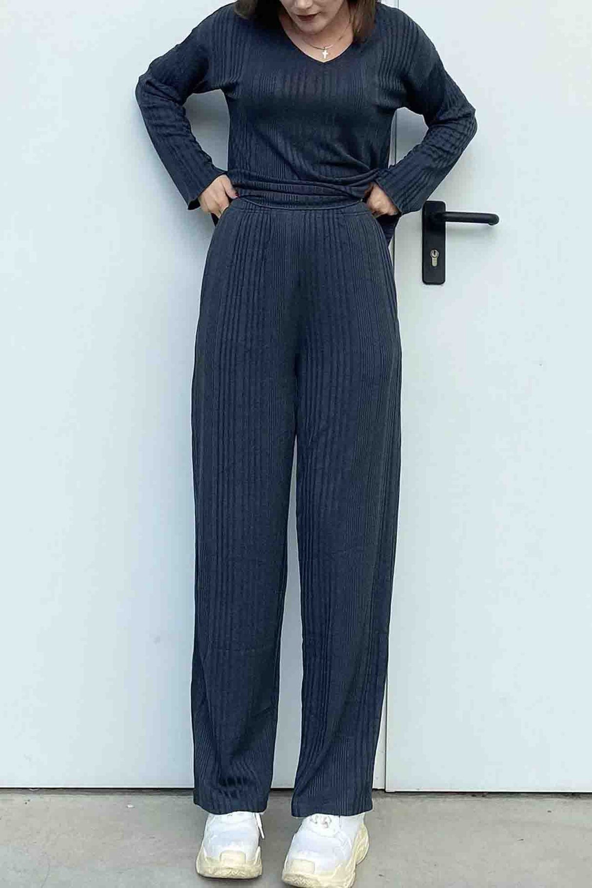 V Neck Ribbed Long Sleeve Two-Piece Set