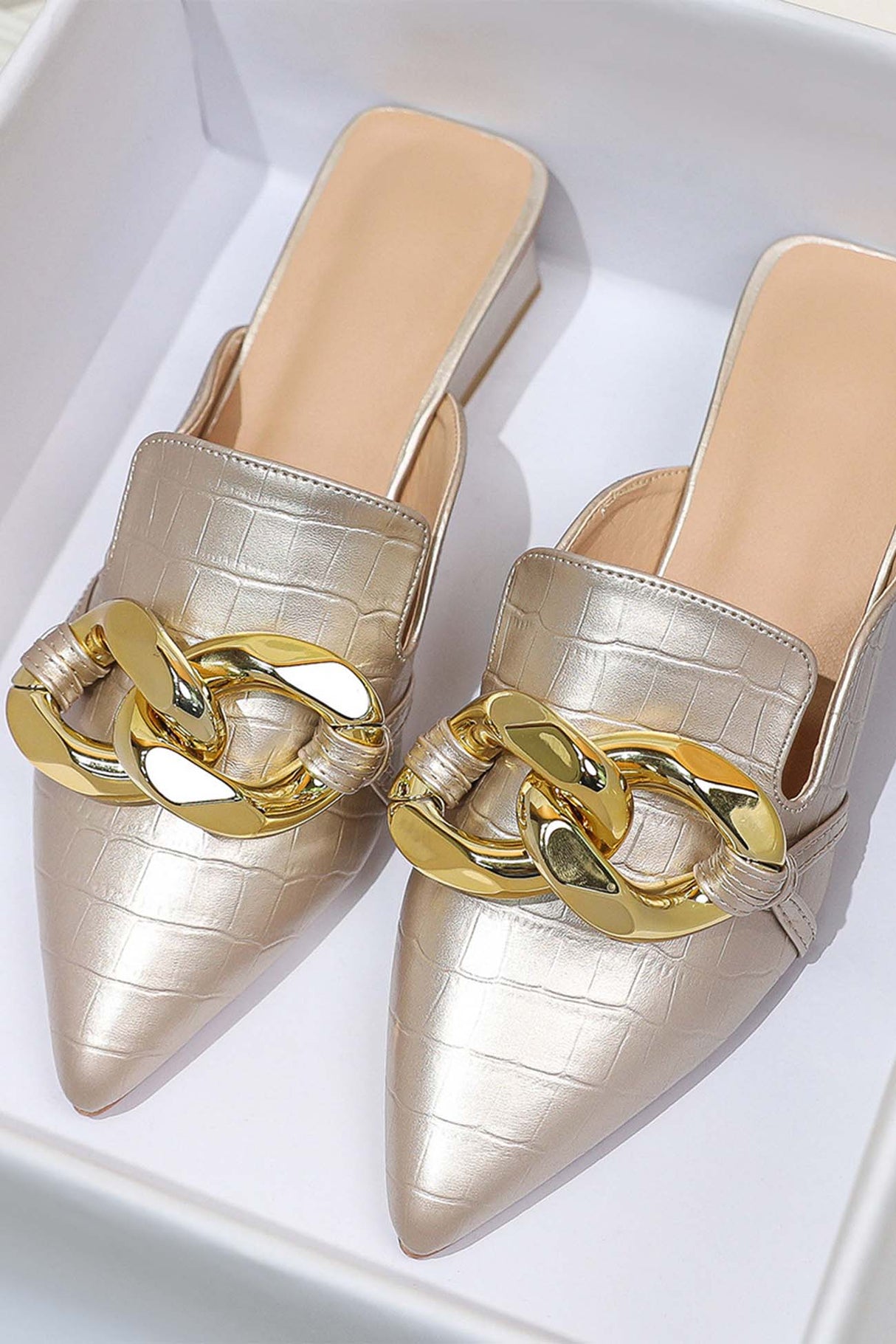 Pointed Toe Chain Loafer Slides