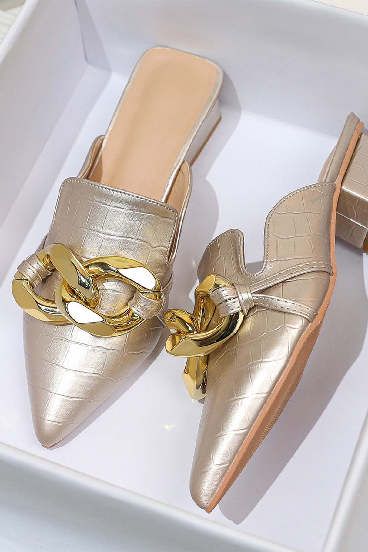 Pointed Toe Chain Loafer Slides