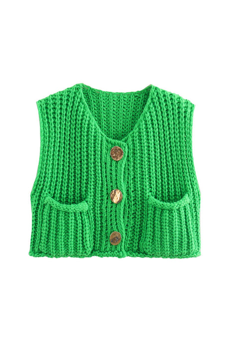 Arolora button-front-sleeveless-pocket-knit-cardigan