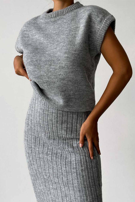 Mock Neck Sleeveless Knitted Two-Piece Dress Set