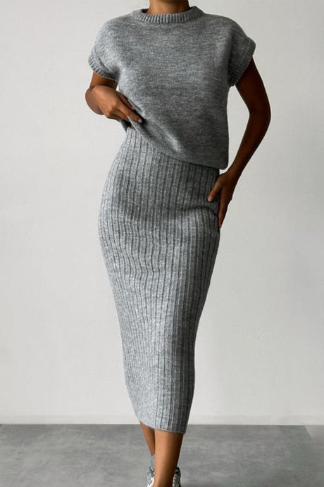 Mock Neck Sleeveless Knitted Two-Piece Dress Set