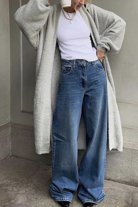 Solid Color Fuzzy Long Cardigan