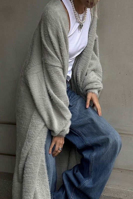 Solid Color Fuzzy Long Cardigan