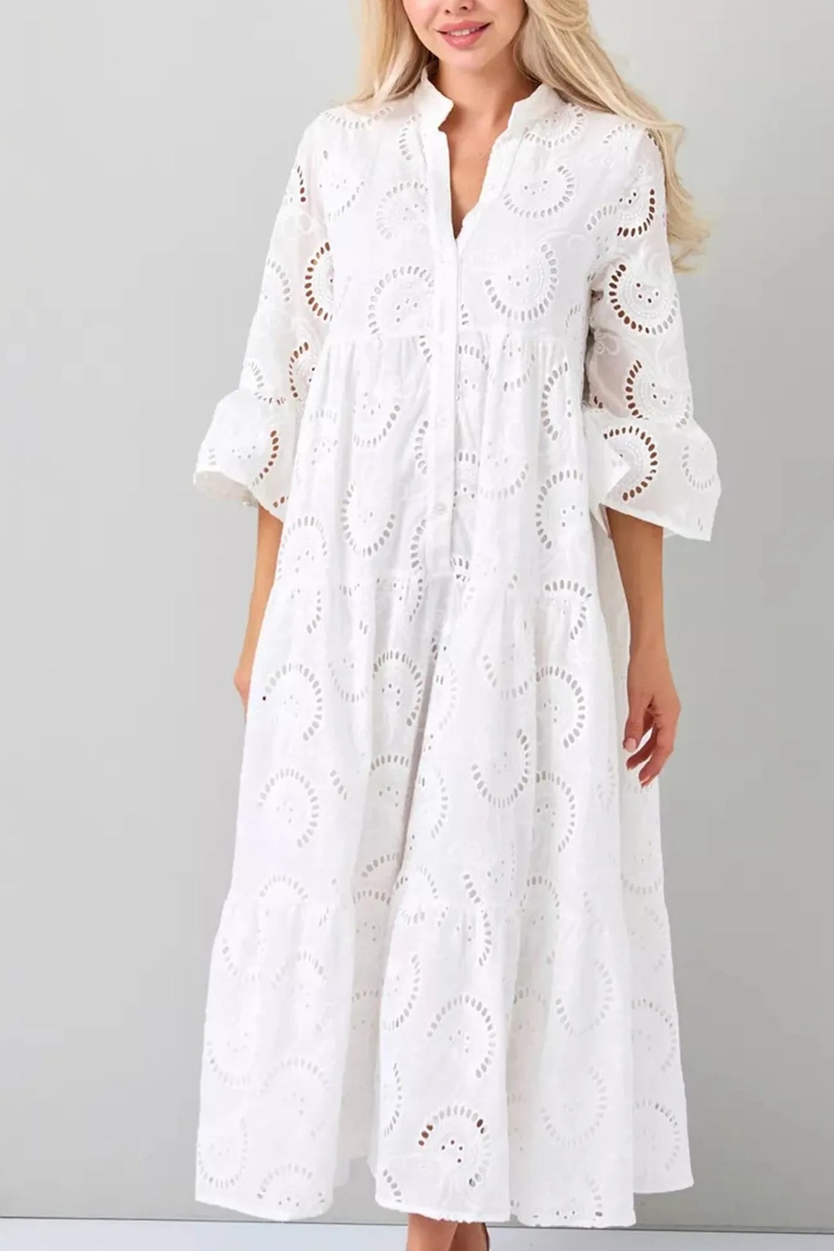 V Neck Flares Sleeve Embroidery Cotton Dress